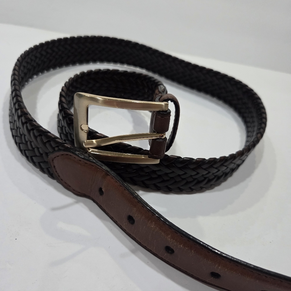 Classic Brown Leather Woven Belt with Gold Buckle Sz.42 /105 - Picture 4 of 7